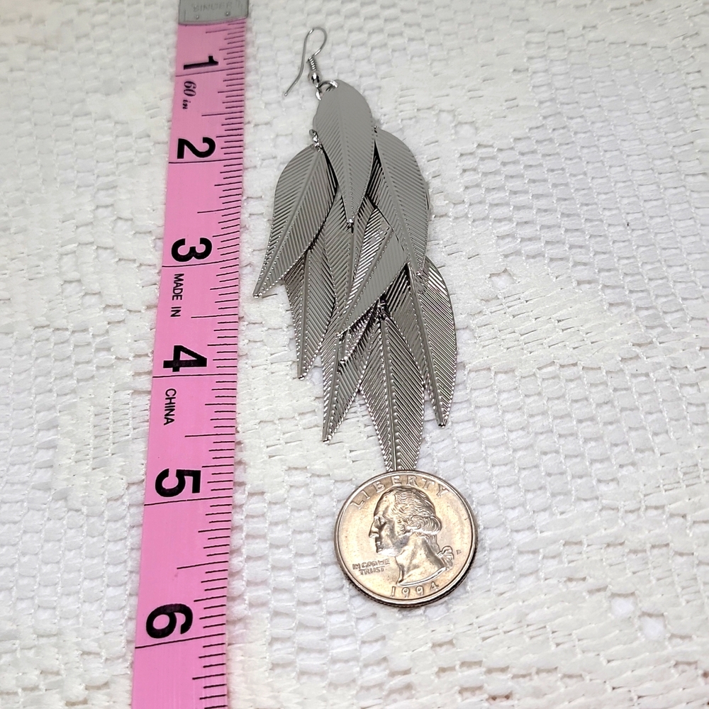Willow Multi Leaf Earrings Long Dangle 5 Inch Drop Metal Silvertone New - Picture 9 of 11